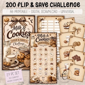 May include: A 27-piece Milk & Cookies Flip & Save Challenge set featuring A6 printable digital download sheets. The design includes illustrations of milk bottles, chocolate chip cookies, bows, and cups in a brown and cream color palette.