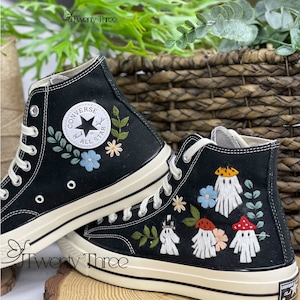 Ghost Mushroom Embroidered Converse, Mushroom Converse, Embroidered Flower Converse, Custom Halloween Converse, High Tops, Custom Embroidery