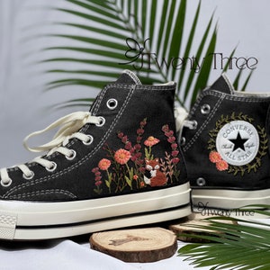 Foxes Embroidered Converse, Converse Chuck Taylor 1970s Custom Mushrooms And Foxes, Custom Flower Embroidery, Embroidered Converse Flower