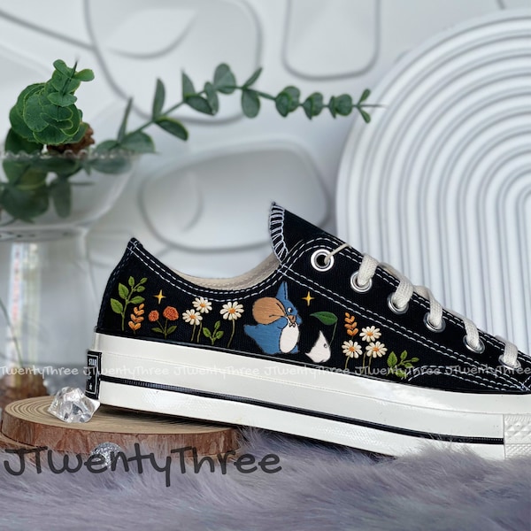 Neighbor Totoro Embroidered Converse, Converse Flower Embroidery, Custom Embroidery Converse Low Tops, Embroidered Converse Chu and Chibi