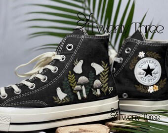 Embroidered Ghost Mushroom Converse, Converse Halloween Custom, Halloween Vibes Embroidered, Embroidered Flower Converse, Mushroom Converse