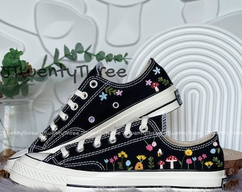 Converse Embroidered Shoes, Embroidered Converse Low Tops, Embroidered Floral, Converse Custom Small Flower, Flowers Embroidered Converse