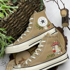 Embroidered Ghost Mushroom Converse, Converse Mushroom, Custom Halloween Converse, Vintage Embroidery Shoes, Converse Embroidered Flower