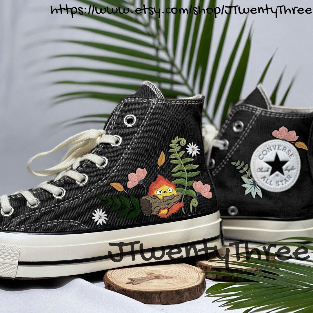 Cute Fire Converse, Cartoon Fire Embroidered Converse, Flower Custom