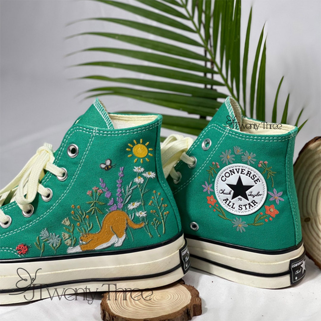Flower and Cat Converse, Floral Shoes, Custom Converse Pet, Embroidery