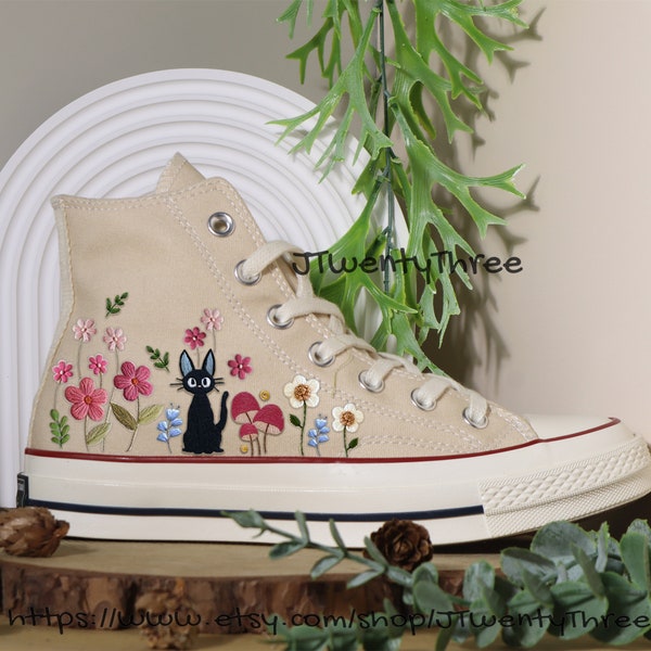 Jiji Cat Embroidered Converse, Converse Ghibli Cartoon, Custom Pet Converse, Adorable Jiji Cat Custom, Embroidery Jiji Cat Converse 1970s