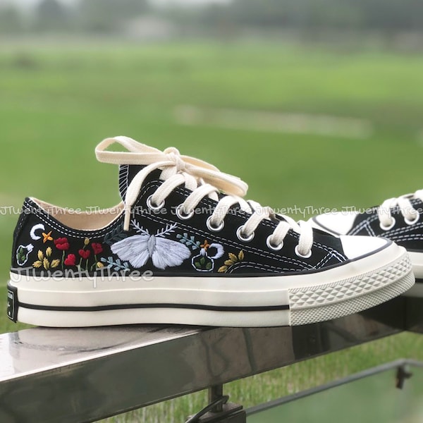 Embroidered Luna Moth Butterfly Converse, Embroidered Giant Actias Luna Moth Converse, Embroidery Converse,Embroidered Floral Moths Converse