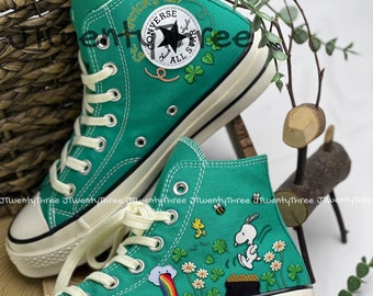 Custom Converse Pet/Embroidered Converse High Tops/ St. Patrick's Day Embroidered, Snoopy and Woodstock Embroidered Converse, Custom Pet