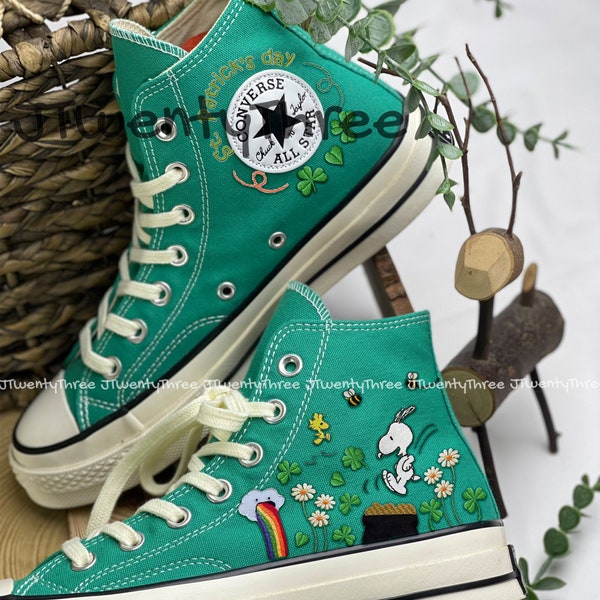 Custom Converse Pet/Embroidered Converse High Tops/ St. Patrick's Day Embroidered, Snoopy and Woodstock Embroidered Converse, Custom Pet