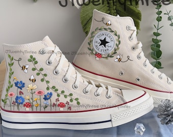 Poppies Embroidered Flower, Embroidered Poppies Flower Garden Converse, Floral Converse, Buttercups Flower Embroidery Shoes, Poppy Flowers