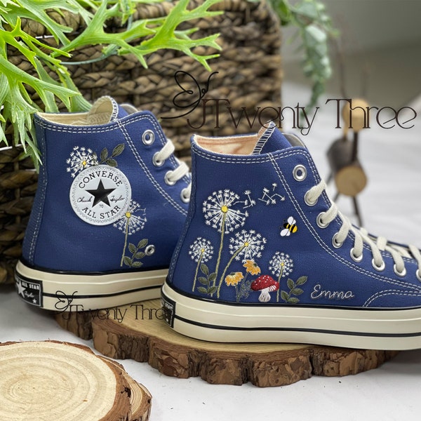 Custom Converse Embroidered Dandelion Flower, Embroidered Dandelion Flower Shoes, Customized Embroidery Name, Custom Wedding Floral Converse