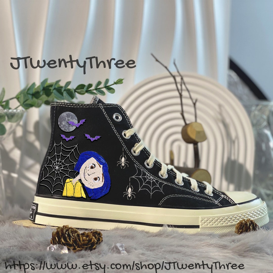 Embroidered Coraline, Custom Cartoon Embroidered Converse, Custom