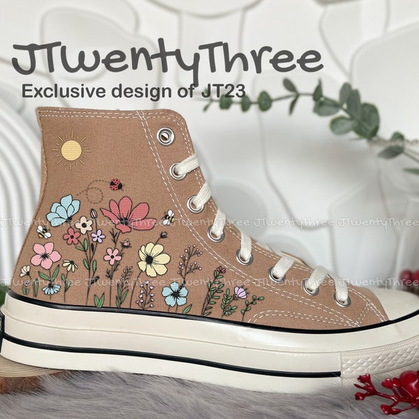 Poppies Embroidered Flower, Embroidered Poppies Flower Garden Converse, Custom Wedding Converse, Flower Embroidered Personalized  Design