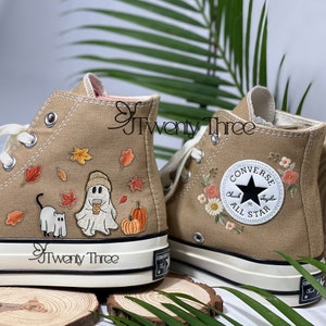 Ghost Cat Embroidered Converse, Converse Halloween Custom, Ghost Embroidered Converse, Autumn Vibes Shoes,Flower Wreath Embroidered Converse
