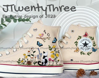 Embroidered Cat Flower Garden Design Converse, Cat Embroidered, Flower Converse, Pet Custom, Embroidery Converse 1970s, Gift for Cat Lover