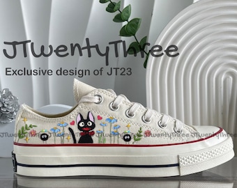 Adorable Jiji Cat Custom, Embroidery Cute Cat Flower Converse, Jiji Cat Embroidered Converse, Converse Ghibli Cartoon, Custom Pet Converse