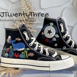 Custom Converse Chuck Taylor 1970s Blue Whale Embroidered, Ocean Vibes Embroidered, Under The Sea  Embroidered Converse, Converse High Tops