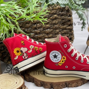 Sunflower Embroidered Converse, Converse Flower Embroidered, Converse High Tops, Custom Cute Dog Embroidered Converse, Floral Shoes