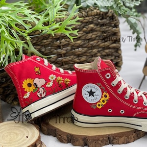 Sunflower Embroidered Converse, Converse Flower Embroidered, Converse High Tops, Custom Cute Dog Embroidered Converse, Floral Shoes