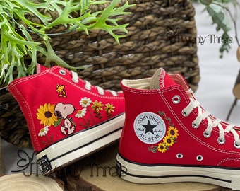 Sunflower Embroidered Converse, Converse Flower Embroidered, Converse High Tops, Custom Cute Dog Embroidered Converse, Floral Shoes