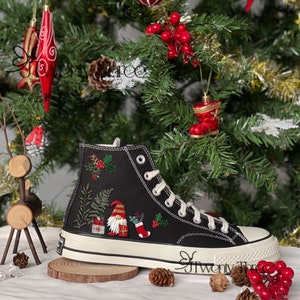 Converse Christmas, Embroidered Gnome Noel Converse, Mistletoe and Holly Embroidered Converse, Converse Embroidered Flower, Christmas Gifts
