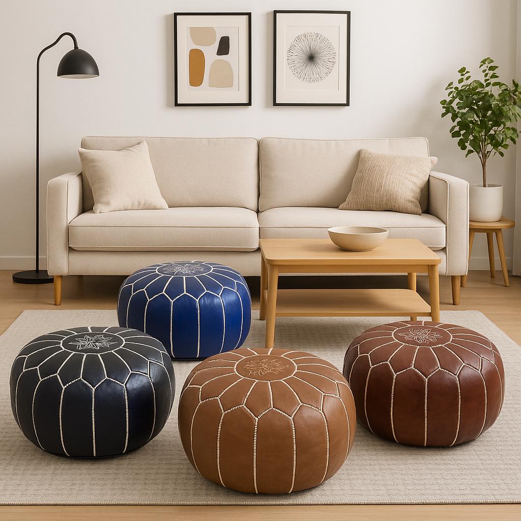 15+ Colors STUFFED FILLED Moroccan Pouf Leather Poof Footstool, Footrest, Stool, Large, Ottoman, Cover, Round, Pouffe, Nursery, Insert