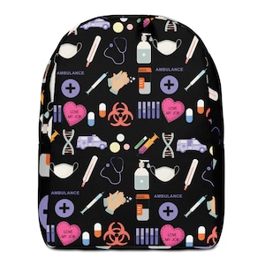 May include: Black backpack with a repeating pattern of medical symbols, including ambulances, stethoscopes, syringes, and hand sanitizer. The design also features hearts with "LOVE MY JOB" text, pills, and a biohazard symbol.