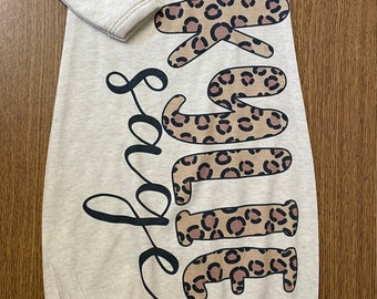 Cheetah monogram Baby Gown, Personalized baby girl gown, bring home outfit, baby shower gift, custom baby, monogram gown set