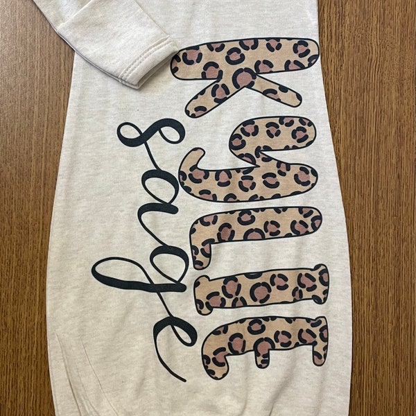 Cheetah monogram Baby Gown, Personalized baby girl gown, bring home outfit, baby shower gift, custom baby, monogram gown set