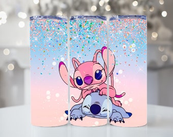 Vaso delgado de 20 oz inspirado en extraterrestres en azul y rosa, vaso inspirado en Stitch y ángel