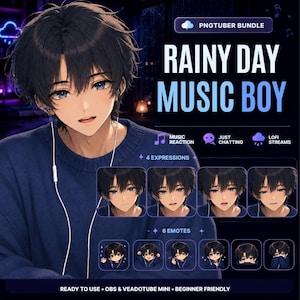 Rainy Day Music Boy PNGTuber-paket | Anime Manlig VTuber-avatar | Cozy Lofi-streamer | Musikreaktion Twitch-avatar | OBS Veadotube