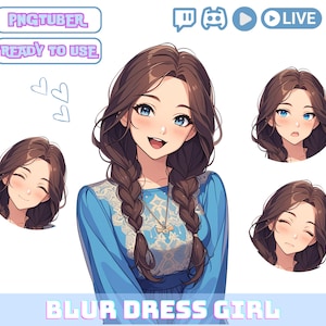 PNGTuber Girl with Brown Hair and Blue Dress, PNG Tuber Streaming Avatar,Cute OBS Overlay Character, Kawaii Png Tuber for Twitch and YouTube