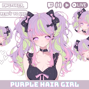 PNGTuber Girl with Purple Hair and Black Top, PNG Tuber Streaming Avatar,Cute OBS Overlay Character, Kawaii Png Tuber for Twitch and YouTube