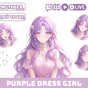Sexy Pngtuber Girl Model Avatar OBS Stream Overlay Twitch Png Tuber Female Purple Hair Purple Eyes in Pink Dress Vtuber Asset Anime Figures