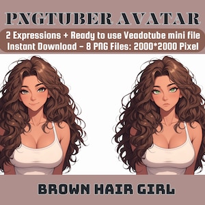 Puede incluir: Ilustraci&oacute;n digital de una mujer con cabello casta&ntilde;o con dos expresiones faciales diferentes. Lleva un top blanco sin mangas. La imagen est&aacute; etiquetada como "PNGTUBER AVATAR" y "BROWN HAIR GIRL".