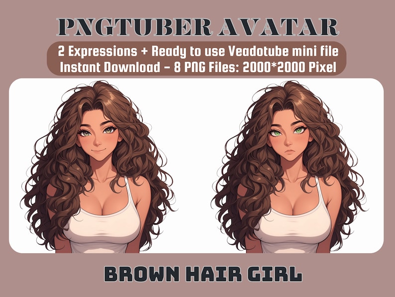 Puede incluir: Ilustraci&oacute;n digital de una mujer con cabello casta&ntilde;o con dos expresiones faciales diferentes. Lleva un top blanco sin mangas. La imagen est&aacute; etiquetada como "PNGTUBER AVATAR" y "BROWN HAIR GIRL".
