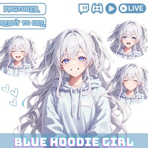 PNGTuber Girl in Blue Hoodie, Silver Hair, PNG Tuber Streaming Avatar,Cute OBS Overlay Character,Kawaii Png Tuber for Twitch and YouTube