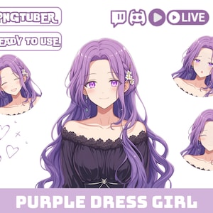 Pngtuber Girl Model Avatar Twitch OBS Stream Overlay Png Tuber Female with Purple Hair Purple Eyes Black Dress Vtuber Asset Anime Figures
