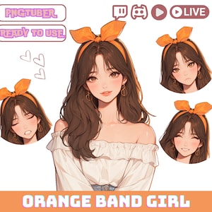PNGTuber Girl with Brown Hair and Orange Band, PNG Tuber Streaming Avatar,Cute OBS Overlay Character,Kawaii Png Tuber for Twitch and YouTube