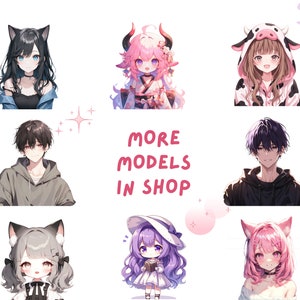 Puede incluir: Una colecci&oacute;n de ilustraciones de personajes de estilo anime, que incluyen una chica con cabello rosa y cuernos, una chica con cabello casta&ntilde;o que lleva una sudadera con capucha de estampado de vaca, una chica con cabello negro y orejas de gato, un chico con cabello negro, un chico con cabello morado, una chica con cabello gris y orejas de gato, una chica con cabello morado que lleva un sombrero y un vestido, y una chica con cabello rosa y orejas de gato. El texto "MORE MODELS IN SHOP" est&aacute; en el centro de la imagen.