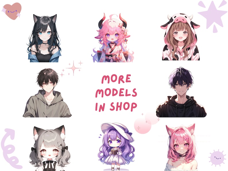 Puede incluir: Una colecci&oacute;n de ilustraciones de personajes de estilo anime, que incluyen una chica con cabello rosa y cuernos, una chica con cabello casta&ntilde;o que lleva una sudadera con capucha de estampado de vaca, una chica con cabello negro y orejas de gato, un chico con cabello negro, un chico con cabello morado, una chica con cabello gris y orejas de gato, una chica con cabello morado que lleva un sombrero y un vestido, y una chica con cabello rosa y orejas de gato. El texto "MORE MODELS IN SHOP" est&aacute; en el centro de la imagen.