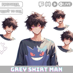 Puede incluir: Arte digital de una persona con cabello oscuro y ojos morados que lleva una camisa gris con un personaje de dibujos animados azul. La imagen incluye tres retratos más pequeños de la misma persona con diferentes expresiones, junto con el texto "PNGTUBER" y "READY TO USE".