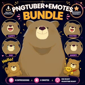 Brown Bear PNGTuber Bundle | 4 Expressions + Blink Animation + 6 Twitch Emotes | Veadotube Avatar | OBS Ready | Instant Download