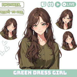 PNGTuber Girl with Brown Hair and Green Dress,PNG Tuber Streaming Avatar,Cute OBS Overlay Character, Kawaii Png Tuber for Twitch and YouTube