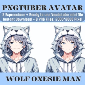 PNGTuber Männliches Model, PNG Tuber Streamer Charakter mit Wolf Onesie, Süßer OBS Overlay Charakter, Bereit zum Streamen der Datei