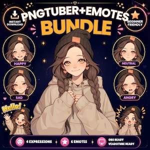 May include: A digital PNGtuber and emote bundle featuring an anime-style character with brown hair in braids and a beanie, wearing a beige hoodie. Includes text labels for happy, neutral, sad, and angry expressions, plus a hello wave and surprised emote.