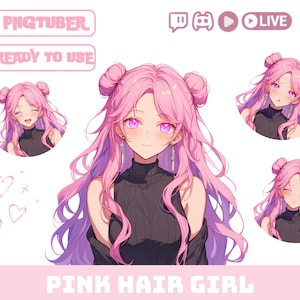 Pngtuber 女の子モデル アバター OBS ストリーム オーバーレイ Twitch Png ピンクのツイン バンズと紫の目をしたチューバー女性 Vtuber アセット アニメ フィギュア
