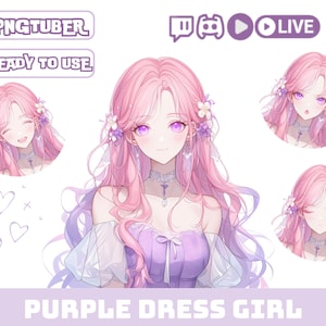 Sext Pngtuber Girl Model Avatar OBS Stream Overlay Twitch Png Tuber Female Pink Hair Purple Eyes in Purple Dress Vtuber Asset Anime Figures