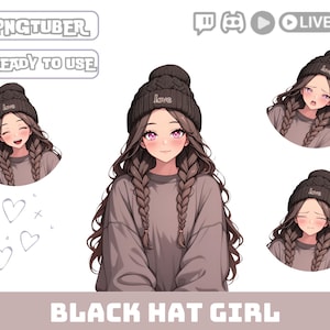 Könnte beinhalten: Eine digitale Illustration eines Mädchens mit langen braunen Haaren in Zöpfen, das eine schwarze Mütze mit dem Wort "Love" trägt. Sie trägt einen braunen Pullover und hat einen rosa Rouge auf den Wangen. Das Bild ist vor einem weißen Hintergrund mit dem Text "Black Hat Girl" unten.