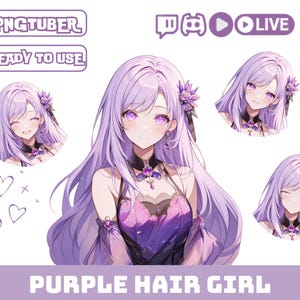 Sexy Pngtuber Girl Model Avatar OBS Stream Overlay Twitch Png Tuber Female Purple Hair and Eyes in Purple Dress Vtuber Asset Anime Figures